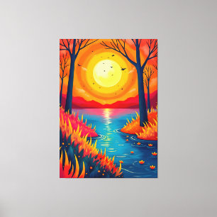 Lebendige Orange Sunset Lake Landschaftskunst Leinwanddruck