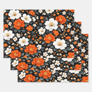 Lebendige orange und weiße Blumen auf Schwarz Geschenkpapier Set