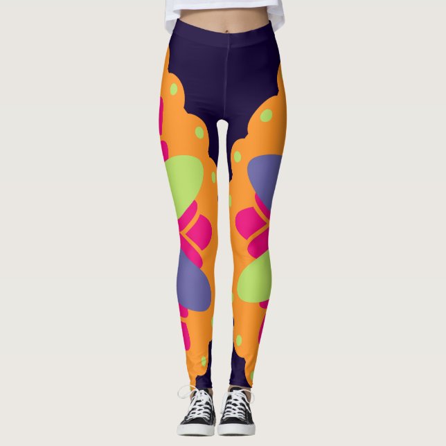 Lebendige orangefarbene Blumenformen Leggings (Vorderseite)