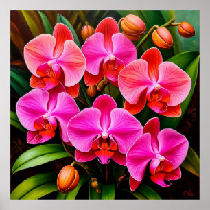 Lebendige Orchideenblüten in einer üppigen grünen Poster