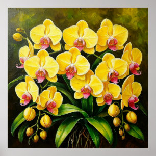 Lebendige Orchideenblüten in einer üppigen grünen  Poster