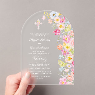 Lebendige Pastell-Blumen-Bogen-Hochzeit Acryleinladungen