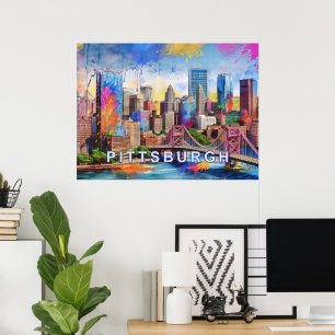 Lebendige Pittsburgh-Skyline, farbenfrohe urbane K Poster