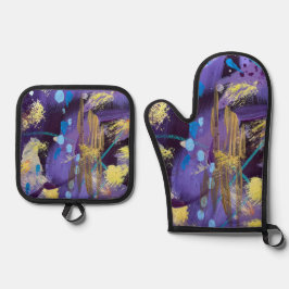 Lebendige purpur, blaue und goldene abstrakte Kuns Ofenhandschuh & Topflappen-Set