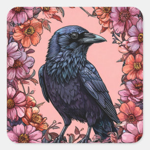🖤 Lebendige Raben Blumen Dunkler Vogel  🖤 Quadratischer Aufkleber