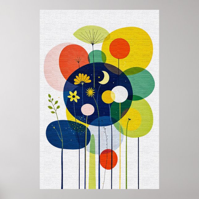 Lebendige Retro-Blumen Boho-Chic Dunkle Abstraktio Poster (Vorne)