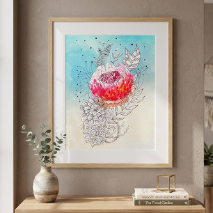 Lebendige rosa Aquarell-Blumen-Tinten-Doodle-Kunst Poster