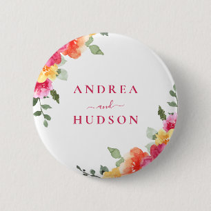 Lebendige rosa Aquarell-Blumenhochzeit Button
