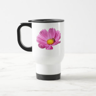 Lebendige rosa Blume mit einer Biene an einem Somm Reisebecher