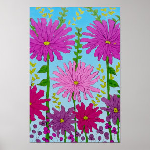 Lebendige rosa Blumenzeichnung auf Blau Poster