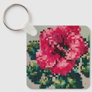 Lebendige rosa Hibiskus-Pixel-Kunst Schlüsselanhänger