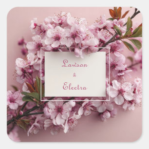 Lebendige rosa Kirschblüte Weiße Rahmen Hochzeit Quadratischer Aufkleber