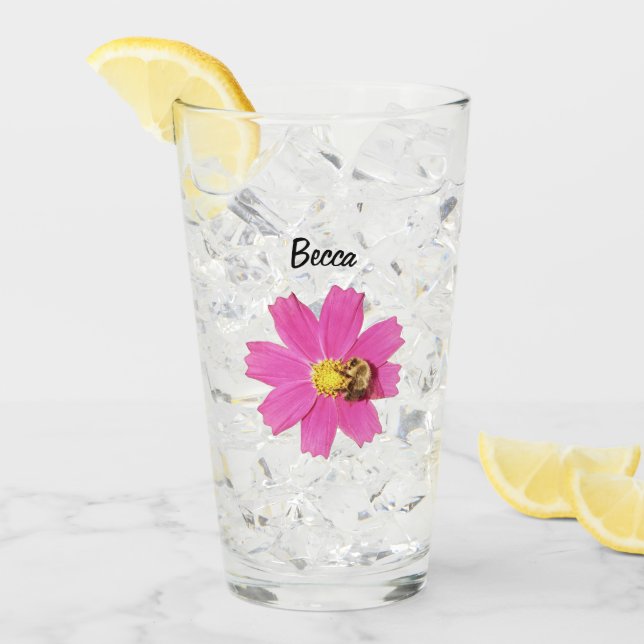 Lebendige Rosa Kosmos-Blume mit Personalisierter B Glas (Vorderseite Ice)