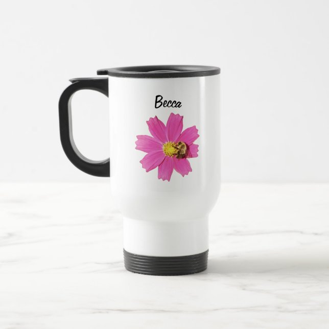 Lebendige Rosa Kosmos-Blume mit Personalisierter B Reisebecher (Links)