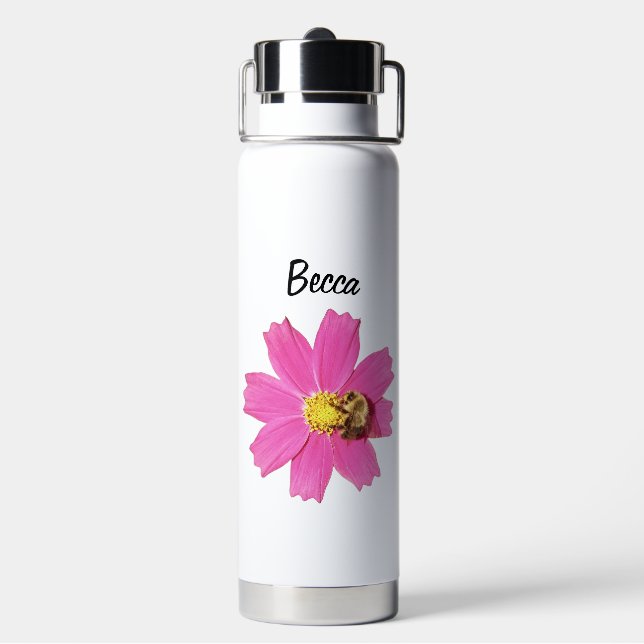 Lebendige Rosa Kosmos-Blume mit Personalisierter B Trinkflasche (Hinten)