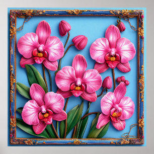 Lebendige rosa Orchideen in einem dekorativen Rahm Poster