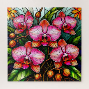 Lebendige rosa Orchideen in Glasmalerei-Kunstwerke