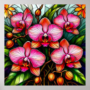 Lebendige rosa Orchideen in Glasmalerei-Kunstwerke Poster