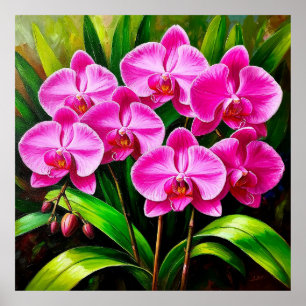 Lebendige rosa Orchideen umgeben von üppigem Grün Poster