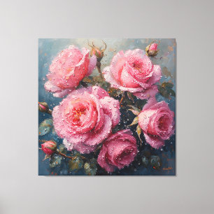 Lebendige rosa Rosen mit Tau-Ölgemälde Leinwanddruck