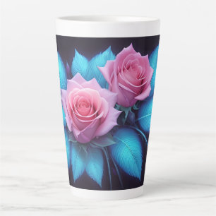 Lebendige rosa Rosen und strahlend blaue Blätter Milchtasse