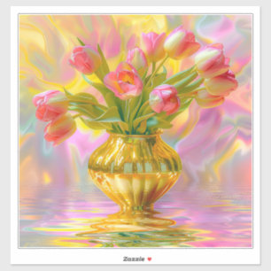 Lebendige rosa Tulpen in goldener Vase Aufkleber