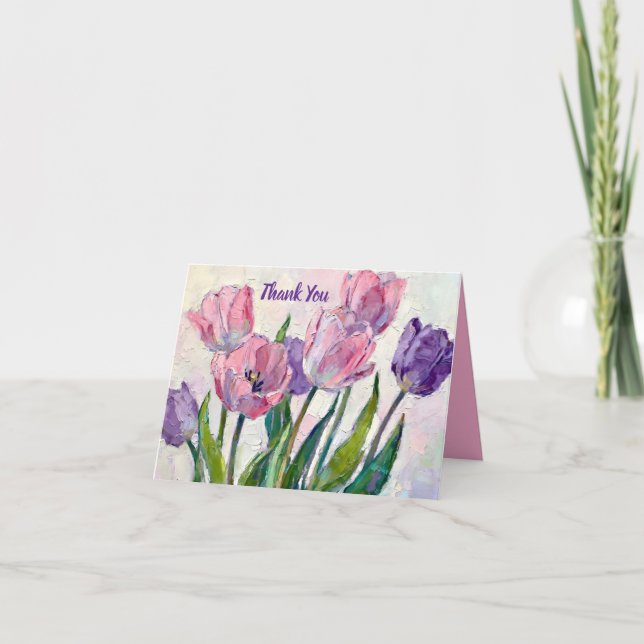 Lebendige rosa und violette Tulpen Dankeskarte (Vorderseite)