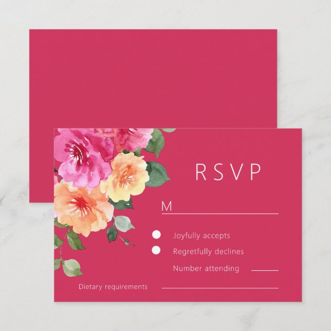Lebendige rosa Wasserfarben-Blumenhochzeit RSVP Karte (Vorne/Hinten)