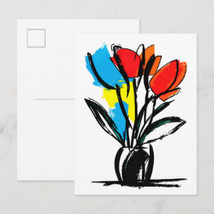 Lebendige rot-orange Tulpen Fette schwarze Linien  Postkarte