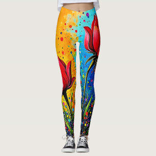 Lebendige rote Blumen Pop Art Druck Leggings