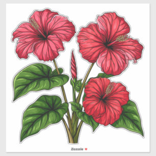 Lebendige rote Hibiskusblüten mit üppigen grünen B Aufkleber