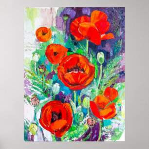 Lebendige rote Mohnblumen - ausdrucksstarke Ölgemä Poster