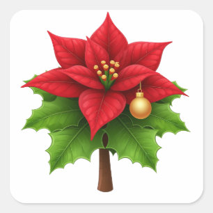 Lebendige rote Poinsettienblüte mit grünen Blätter Quadratischer Aufkleber