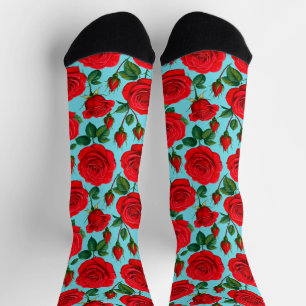 Lebendige rote Rosen auf einem hellblauen Hintergr Socken