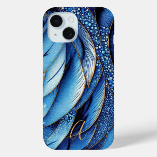 Lebendige Saphirblau-Goldfedern Monogramm Case-Mate iPhone Hülle