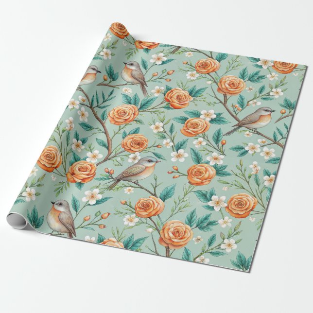 Lebendige Singvögel Orangefarbene Blumen Grüne Blä Geschenkpapier (Ungerollt)