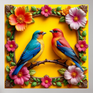 Lebendige Singvögel umgeben von floralem Rahmen Poster