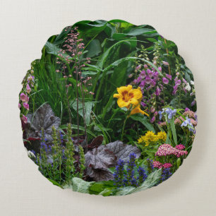 Lebendige Sommergarten-Blumenmuster-Hintergrund Rundes Kissen