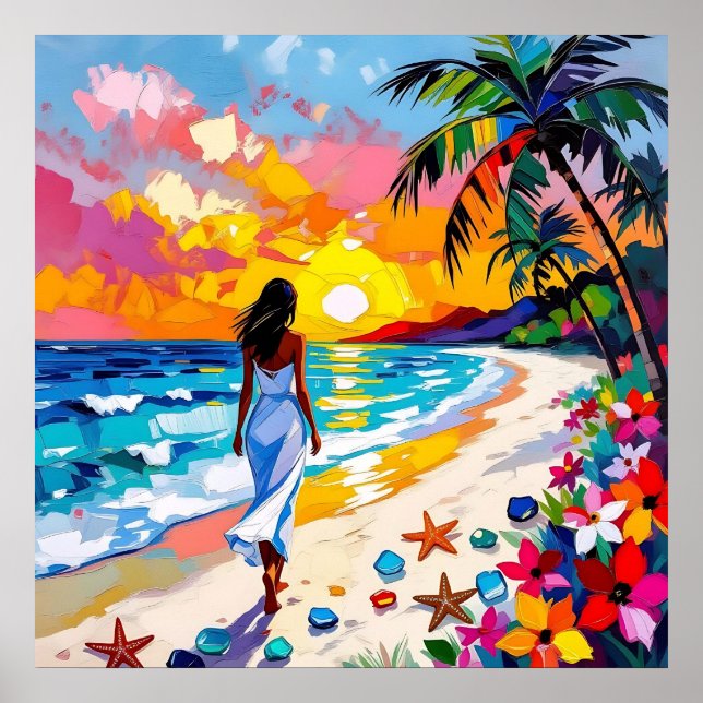 Lebendige Sonnenuntergang-Abstrakte Strand Szene Poster (Vorne)