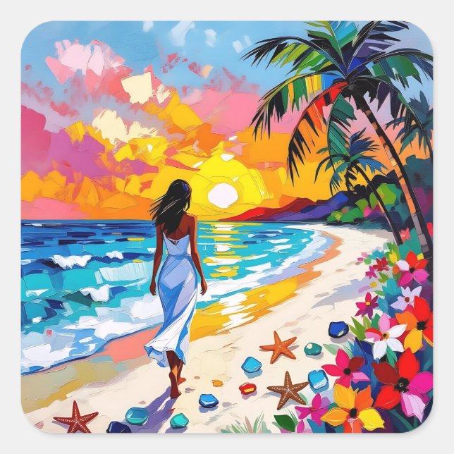 Lebendige Sonnenuntergang-Abstrakte Strandszene Quadratischer Aufkleber (Vorderseite)