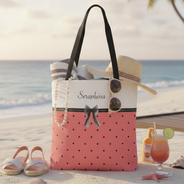Lebendige Sonnenuntergang-Koralle Sommer Chic-Tasc Tasche (Celebrate the season with a personalized vibrant polka dot beach bag)