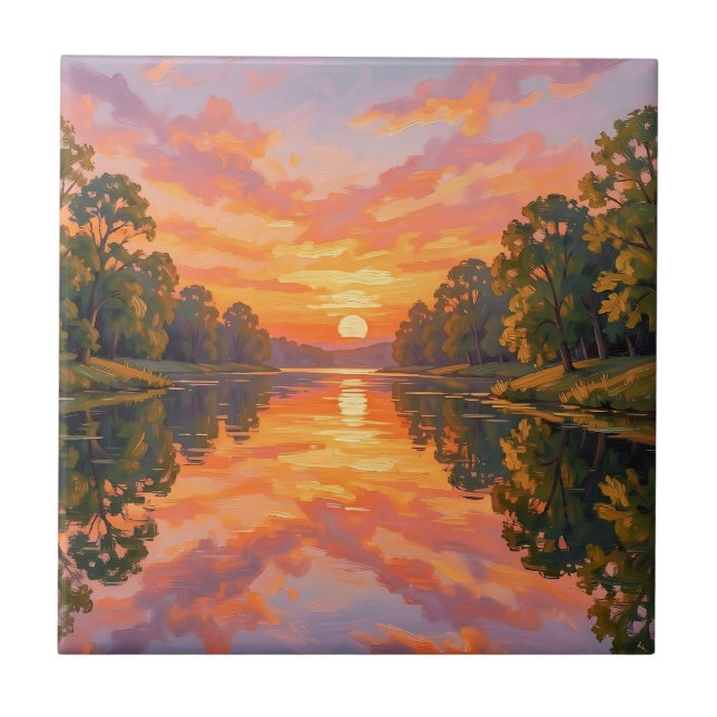 Lebendige Sonnenuntergangs-Flussreflexion Fliese (Vorderseite)