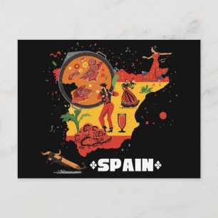 Lebendige Spanienkarte Flamenco, Paella & Stier Postkarte