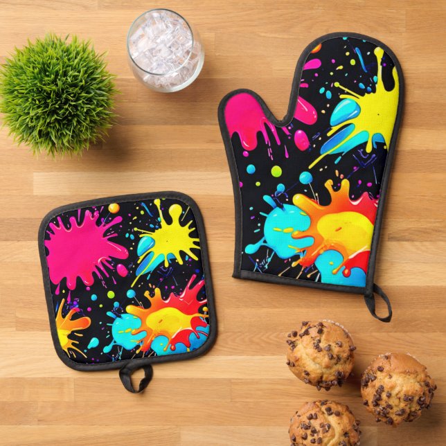 Lebendige Spritzkunst-Explosion Ofenhandschuh & Topflappen-Set (Oben Unten)