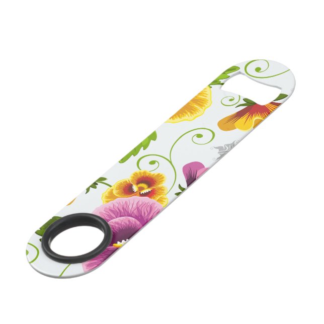 Lebendige Stiefmütterchen-Blüten Speed Flaschenöffner (Vorderseite Schrägansicht)