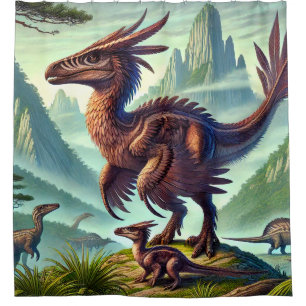 Lebendige Szene eines gefiederten Dinosauriers Duschvorhang
