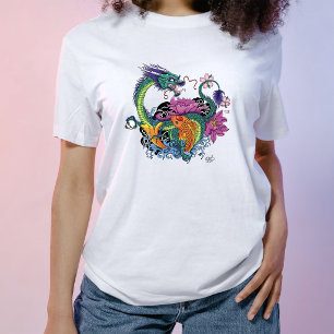 Lebendige Teal-Oriental-Koi-Drache-Lotusblume T-Shirt