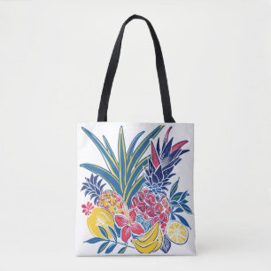 Lebendige tropische Früchte und Hibiskusblüten-Tot Tasche