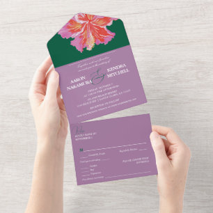 Lebendige tropische Hibiskus-Sommerhochzeit All In One Einladung