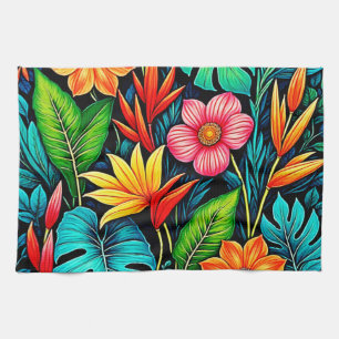 Lebendige tropische Regenwald-Blüten-Kunst Geschirrtuch